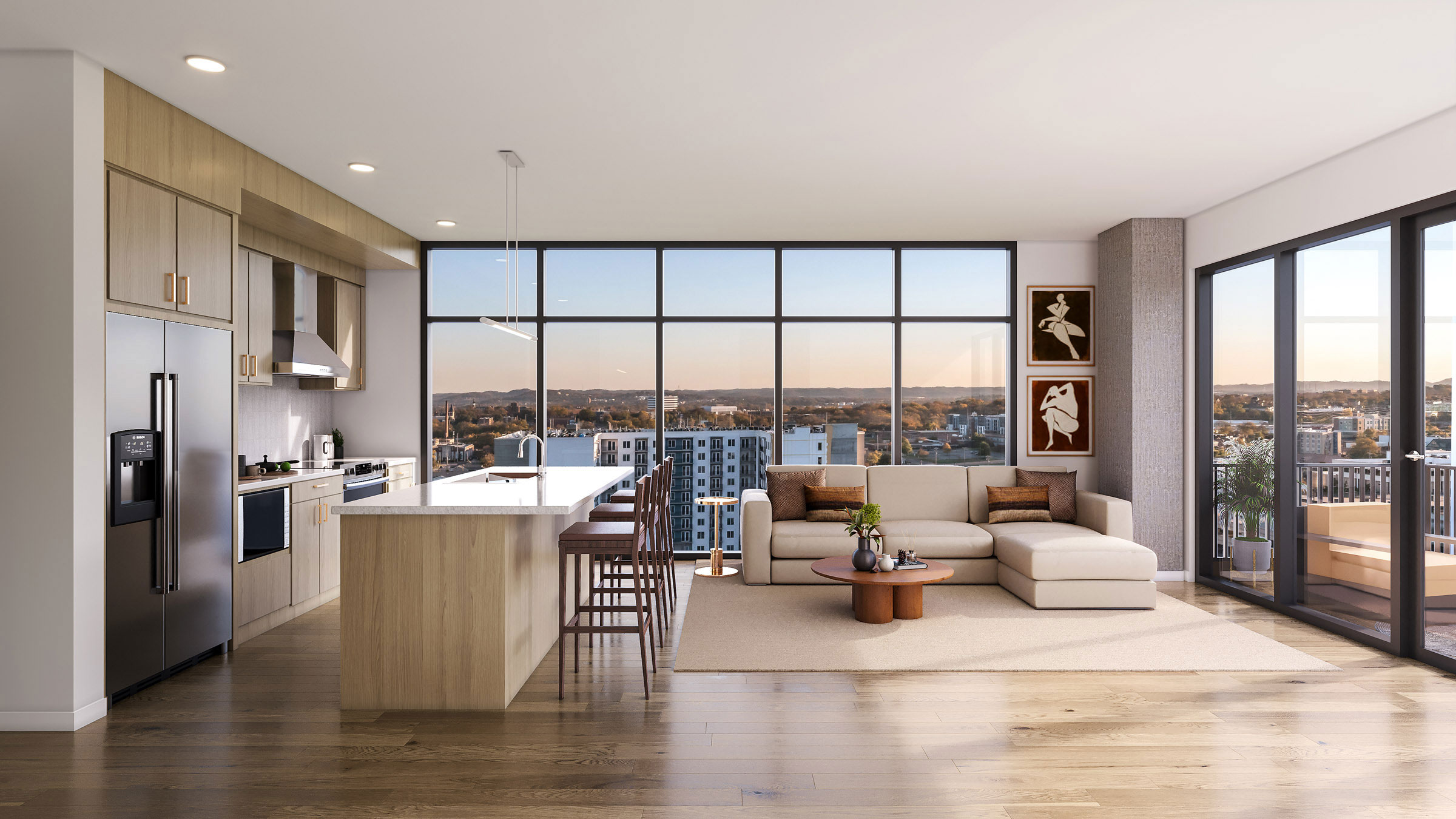 Grace apartments kitchen and living room overlooking nashville skyline